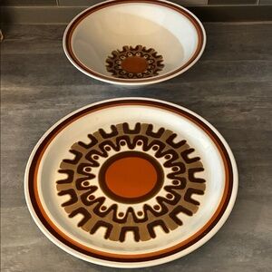 Vintage Japan Haniwa Stone Aztec Service Plate & Bowl